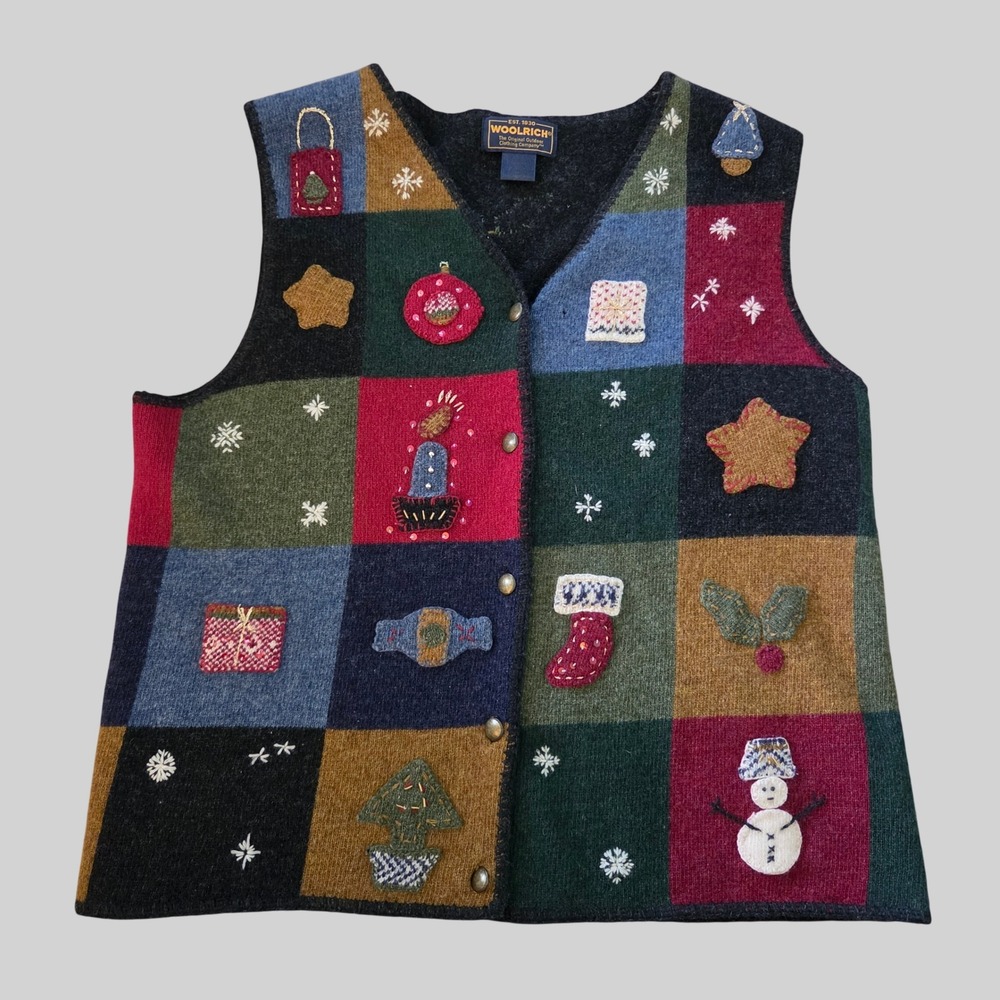 Vintage 90s Woolrich Women's S Patchwork Sweater Vest Christmas Snowman Winter